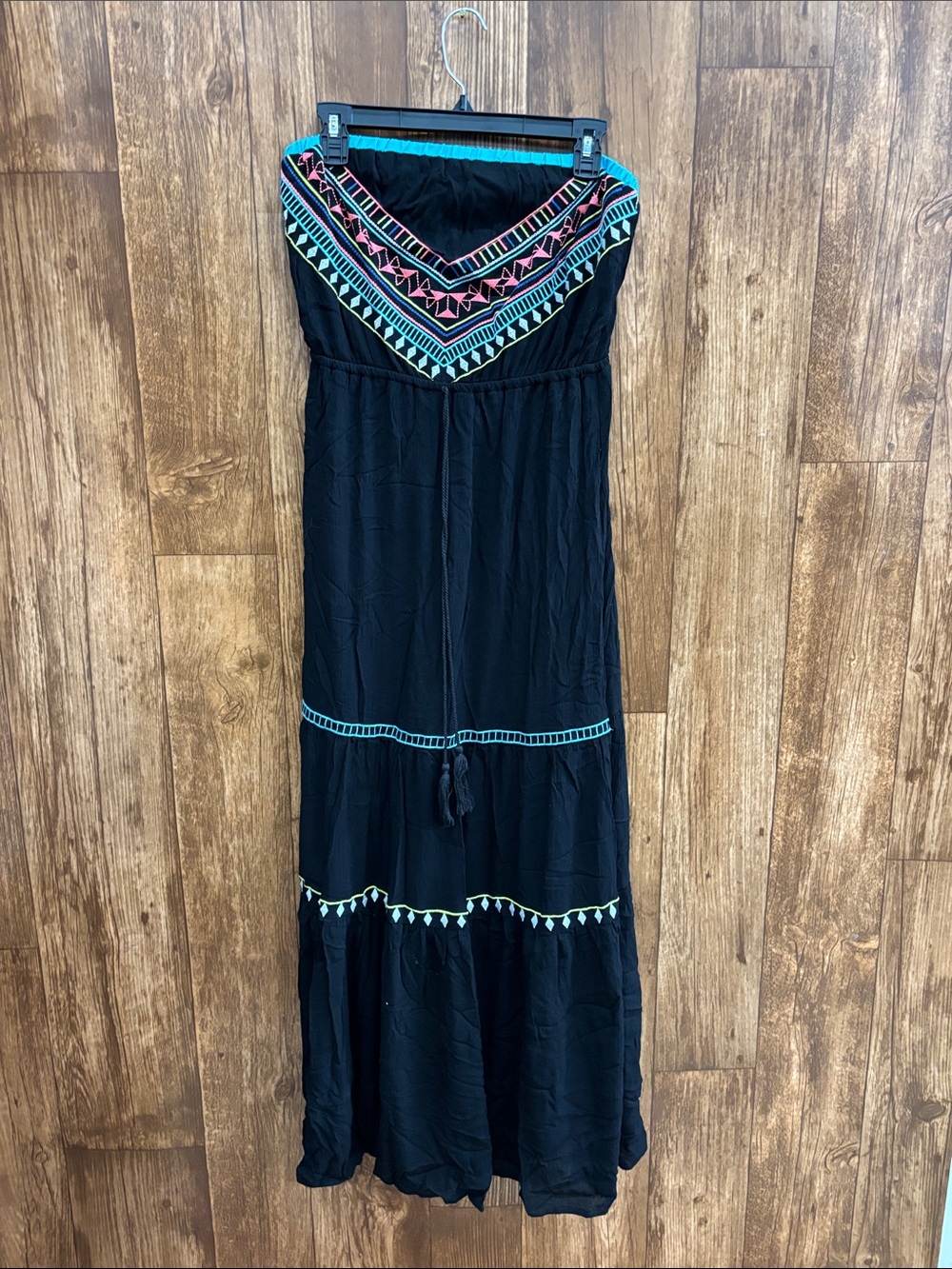 Poof! Black Strapless Maxi Dress with Turquoise & Pink Embroidery